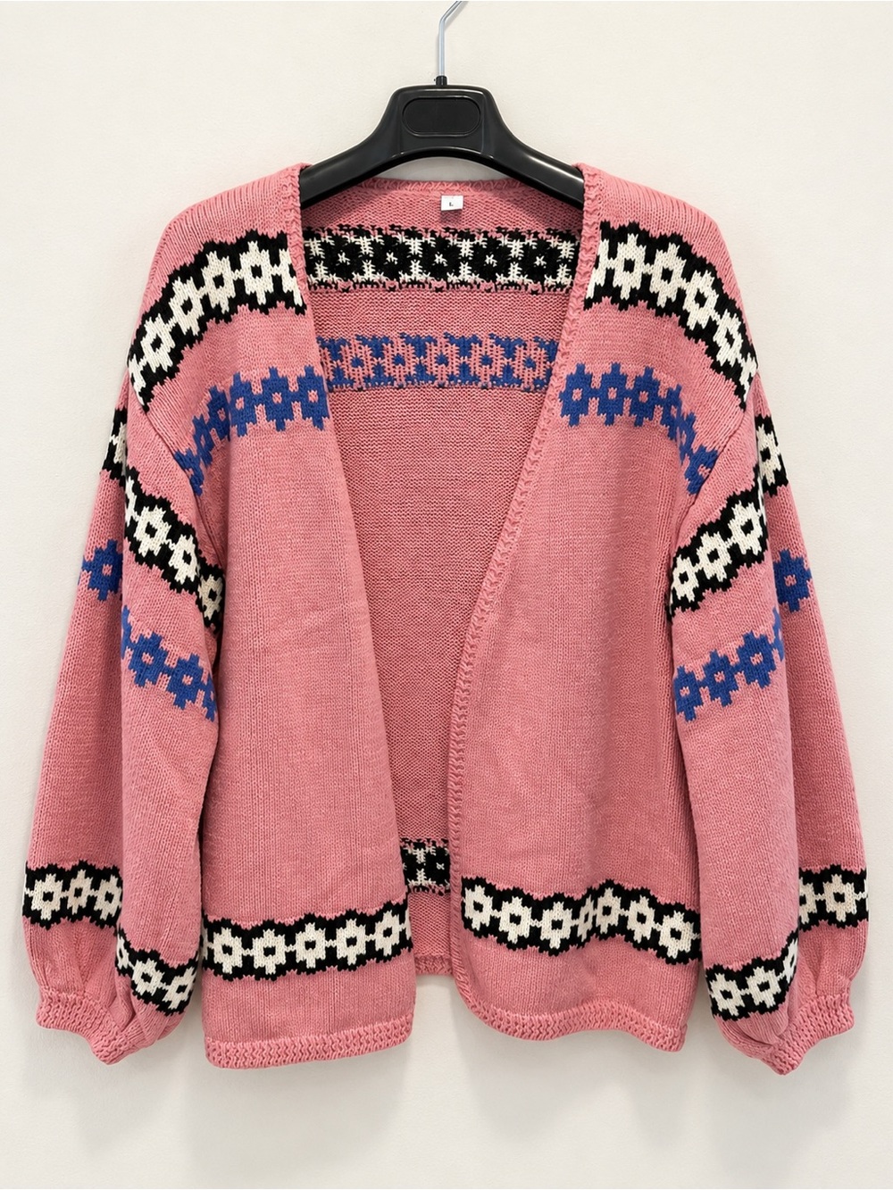 Pink Patterned Open-Front Women's Chunky Knit  Cardigan